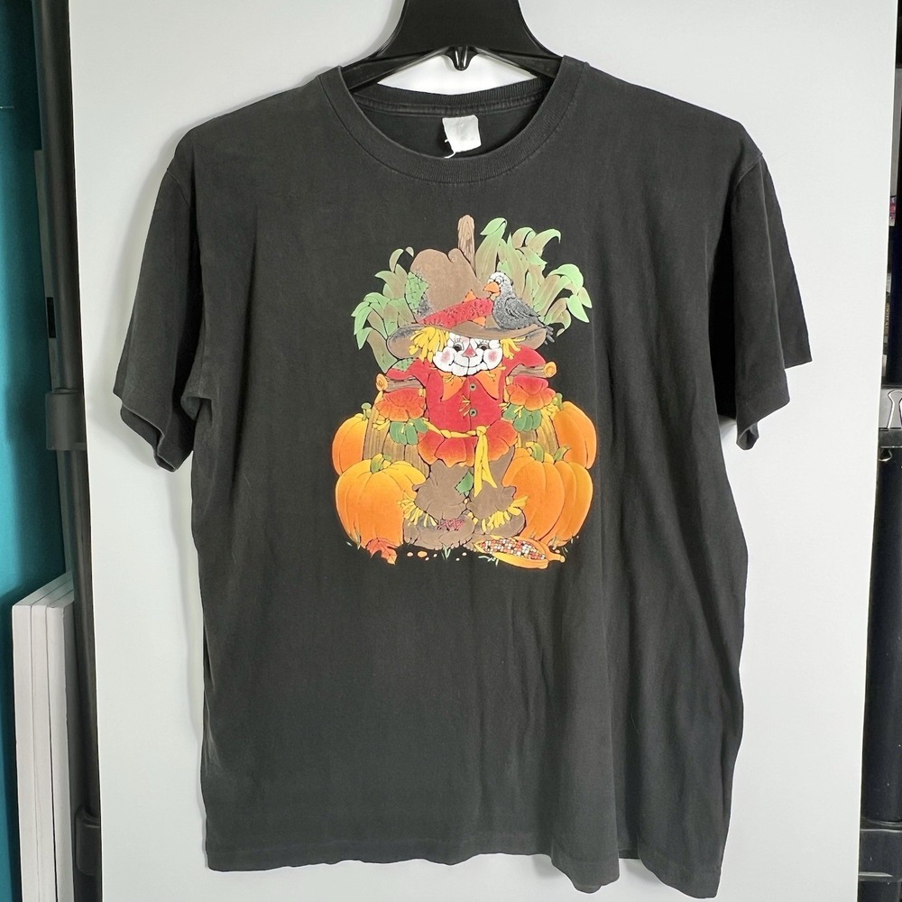Vintage PUFFY GRAPHIC Scarecrow Pumpkin T Shirt Mens XL Single Stitch USA Fall‎